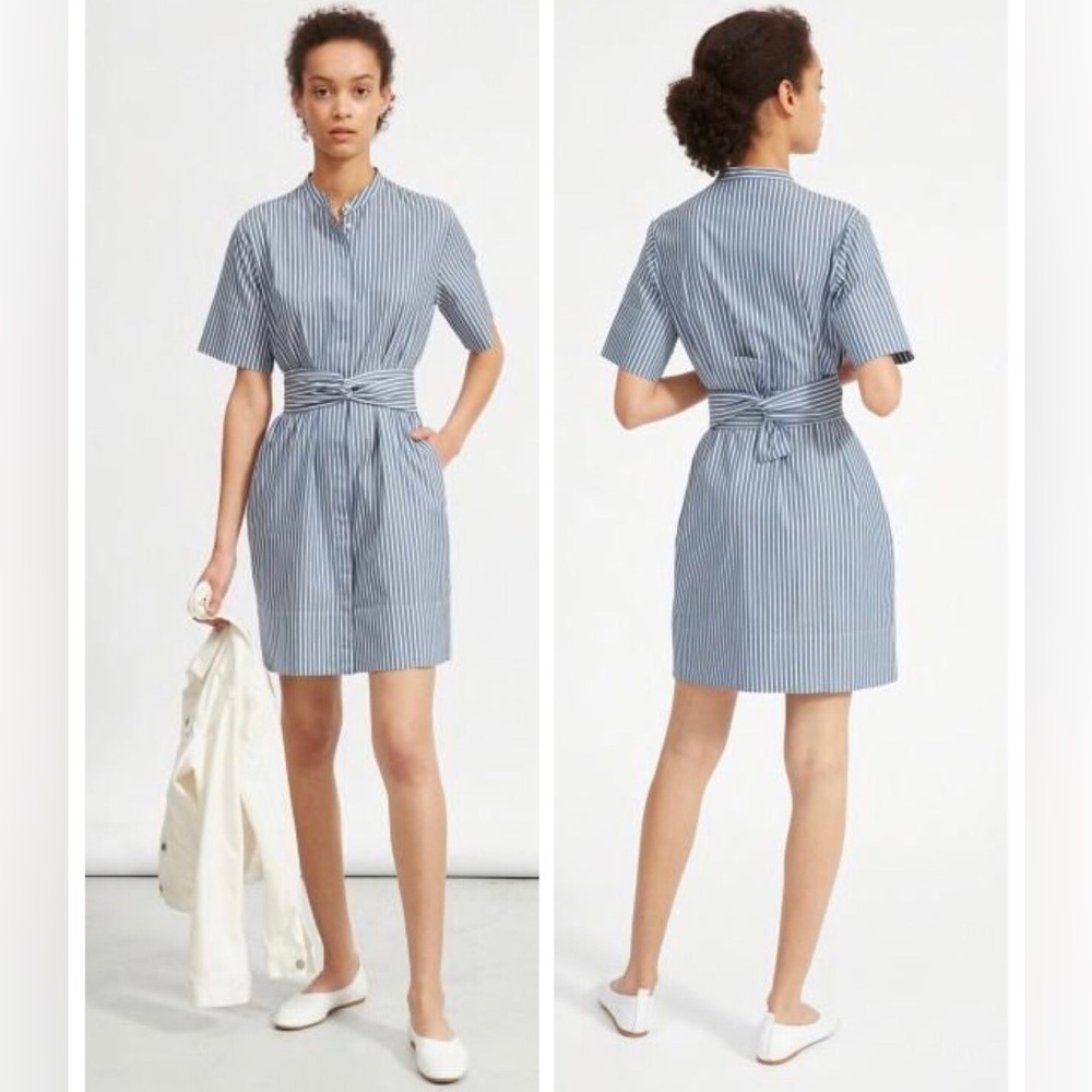 Everlane Preppy Blue White Skinny Striped Collarless Tie-Waist Shirt Dress 4